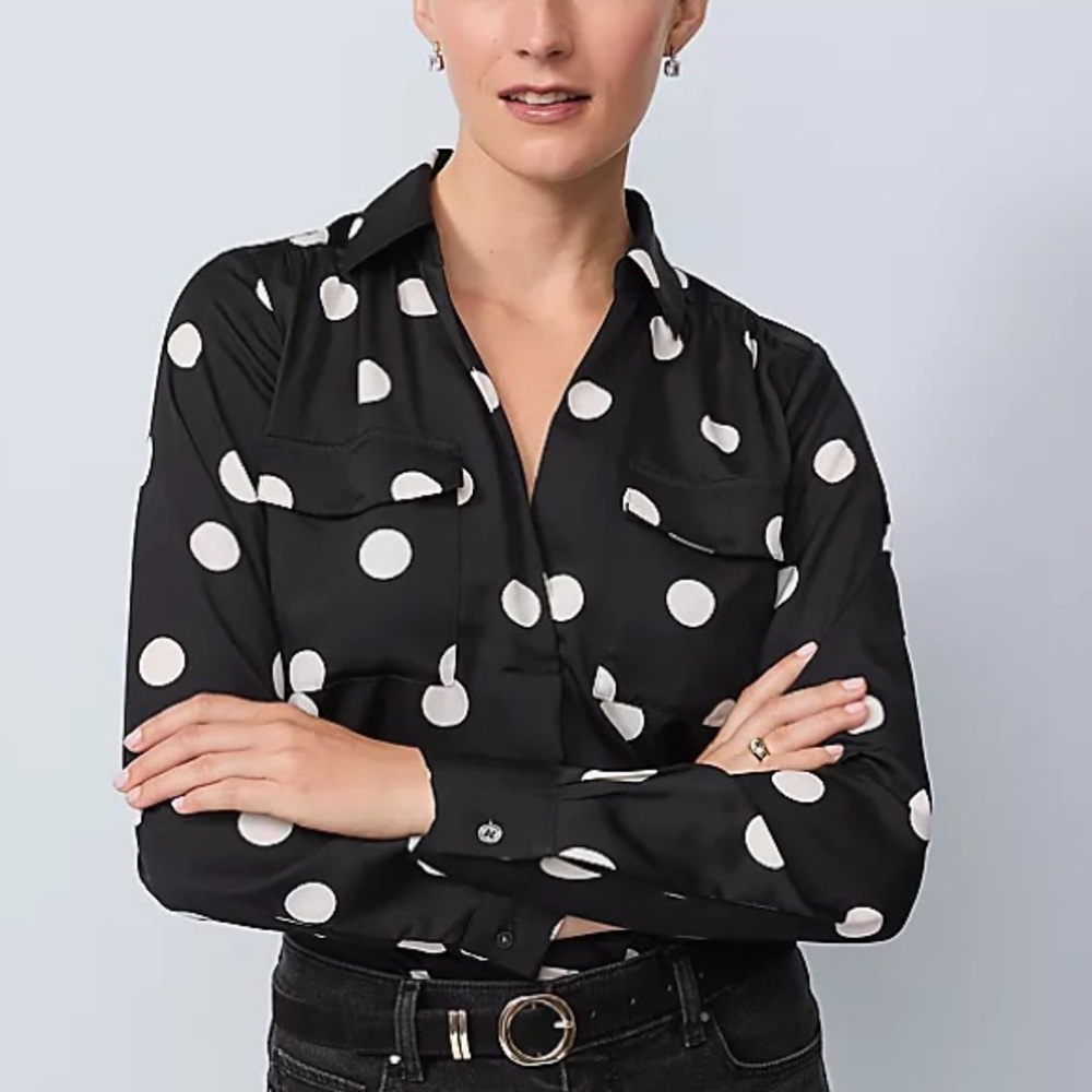 LOFT Women’s Utility Blouse Black White Polka Dots With 2 Front Pockets Size L